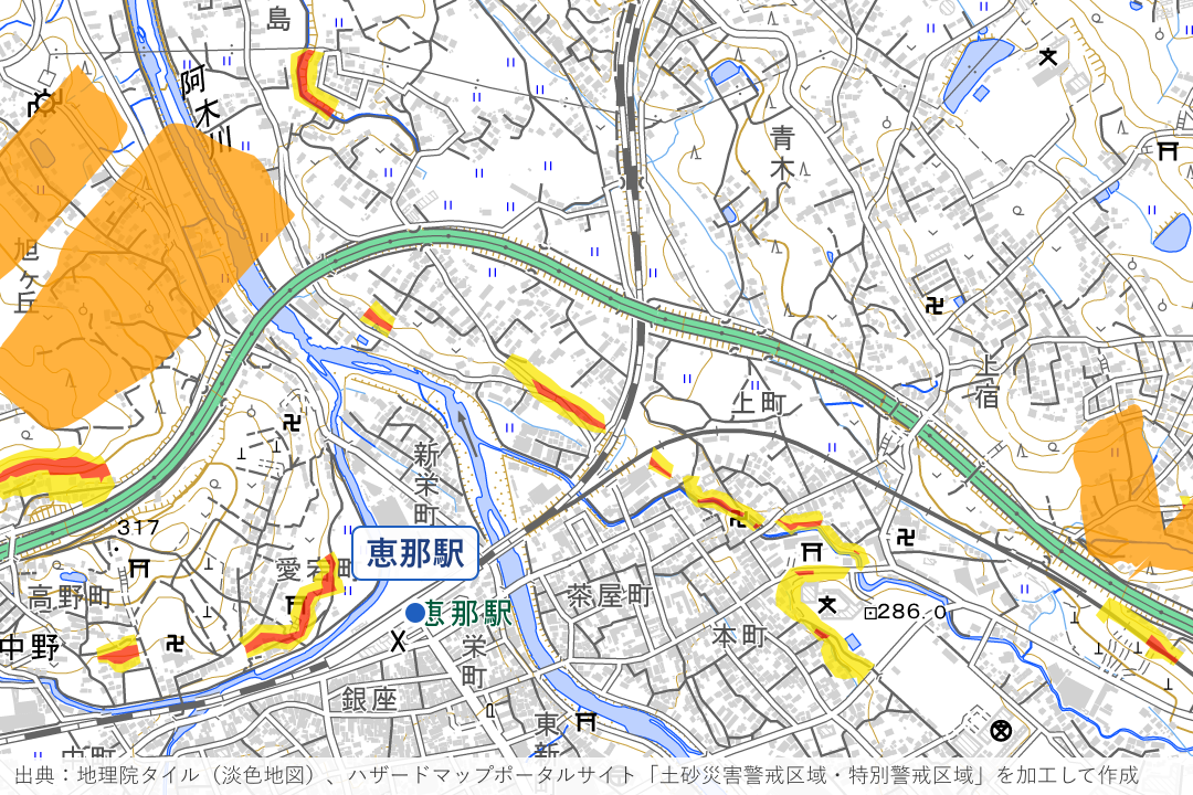 恵那駅北の愛宕町・上町と旭ヶ丘周辺の土砂災害警戒区域を重ねた地図