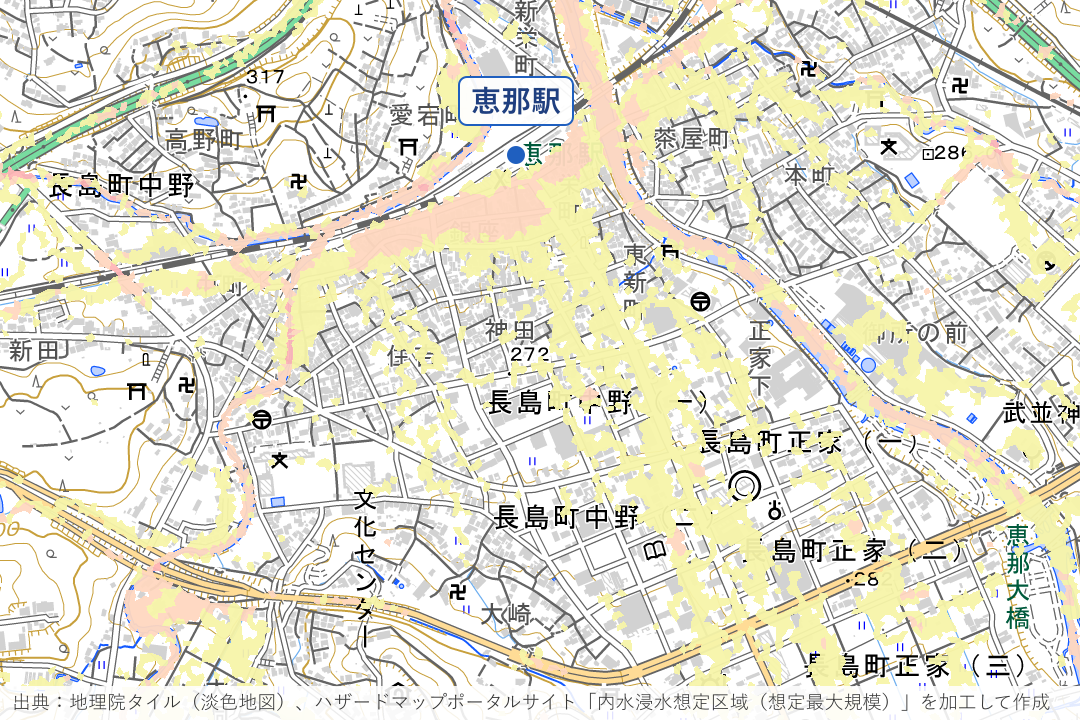 恵那駅南の銀座・中野・大井宿周辺周辺の内水浸水想定区域を重ねた地図
