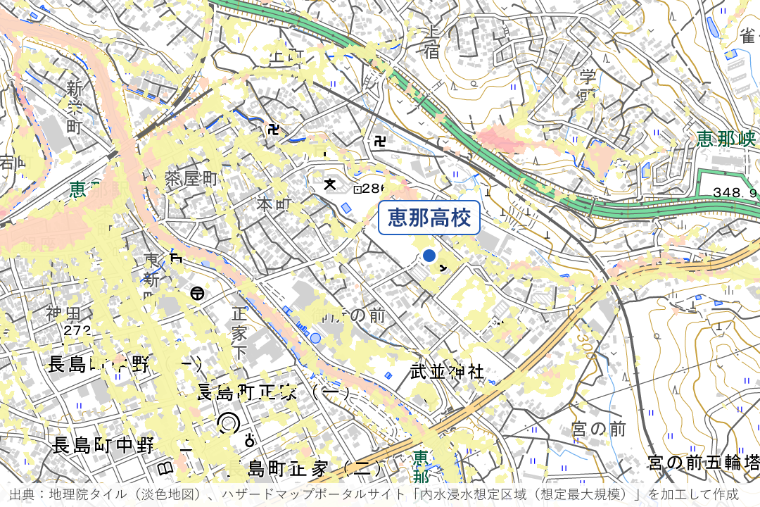 阿木川東岸の茶屋町・本町・御所の前周辺の内水浸水想定区域を重ねた地図