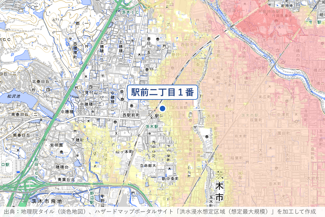 駅前二丁目・茨木市駅前地下道周辺の洪水浸水想定区域を重ねた地図