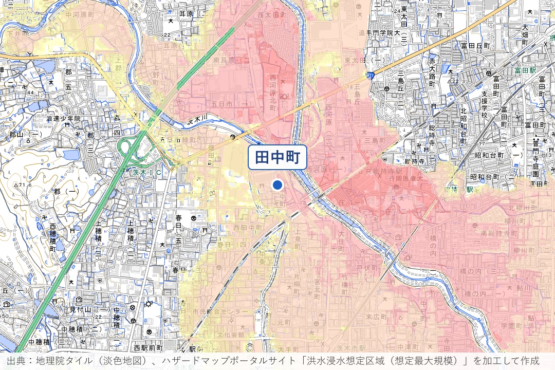 田中町・田中地下道周辺の洪水浸水想定区域を重ねた地図