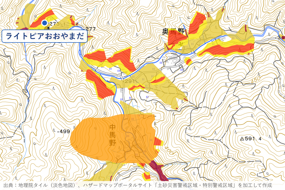 馬野川沿いの奥馬野・中馬野周辺の土砂災害警戒区域を重ねた地図