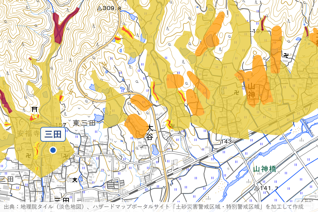 三田〜山神の山すそ（柘植川北側）周辺の土砂災害警戒区域を重ねた地図