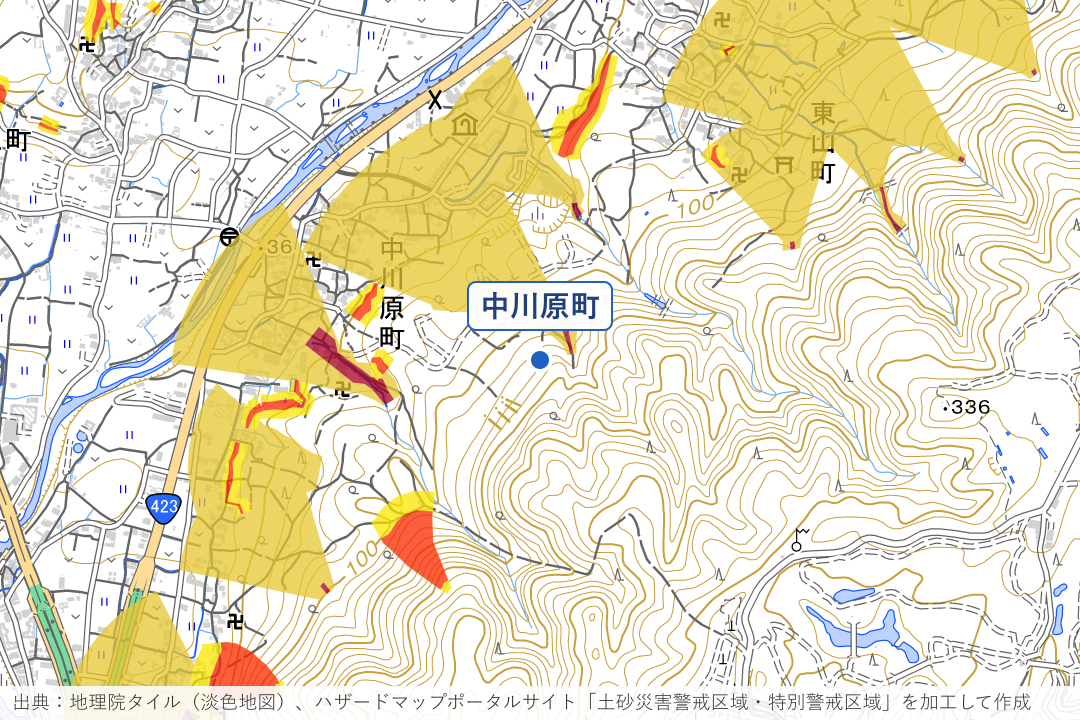 中川原町の谷筋周辺の土砂災害警戒区域を重ねた地図