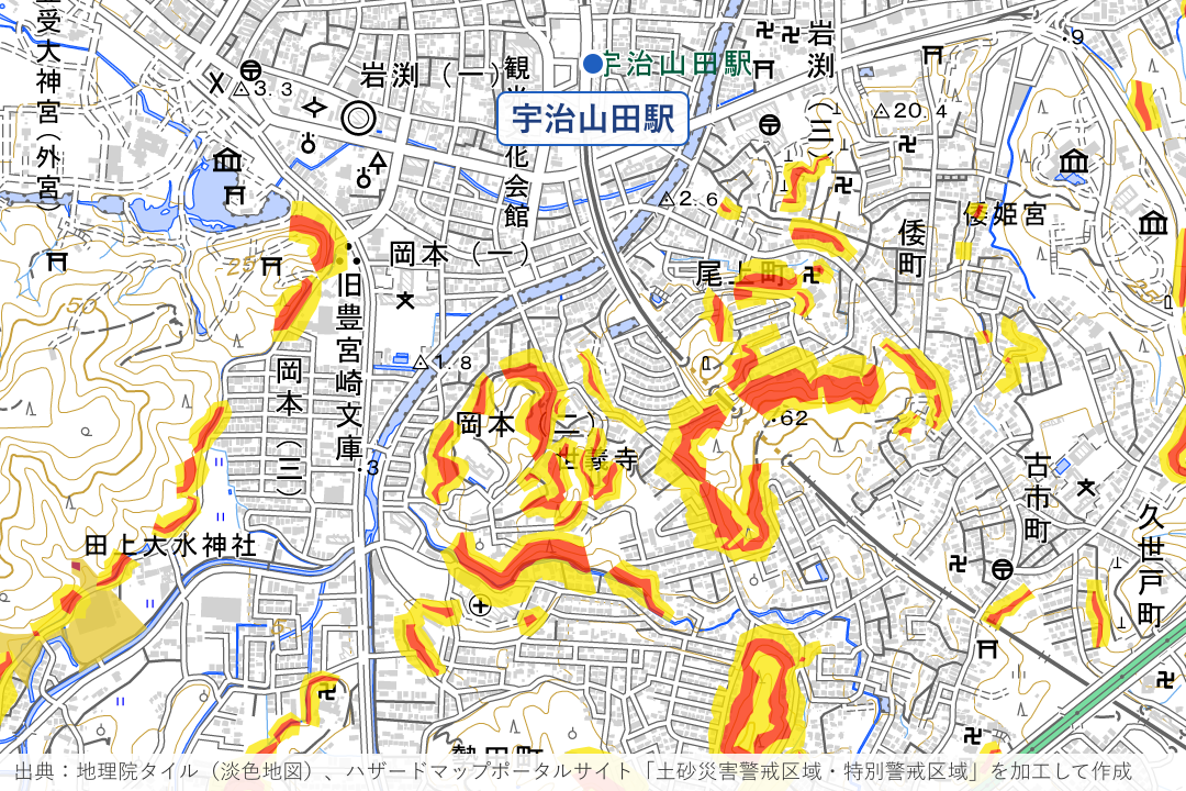 岡本・尾上町の丘（宇治山田駅南）周辺の土砂災害警戒区域を重ねた地図