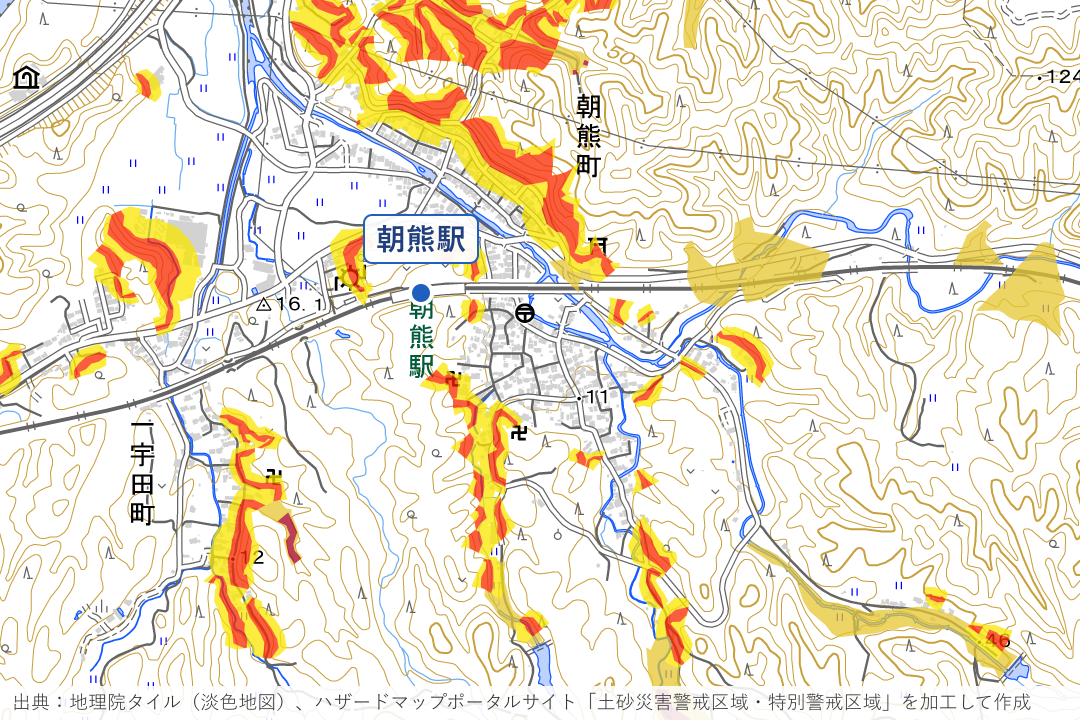 朝熊町（朝熊駅周辺の谷筋）周辺の土砂災害警戒区域を重ねた地図