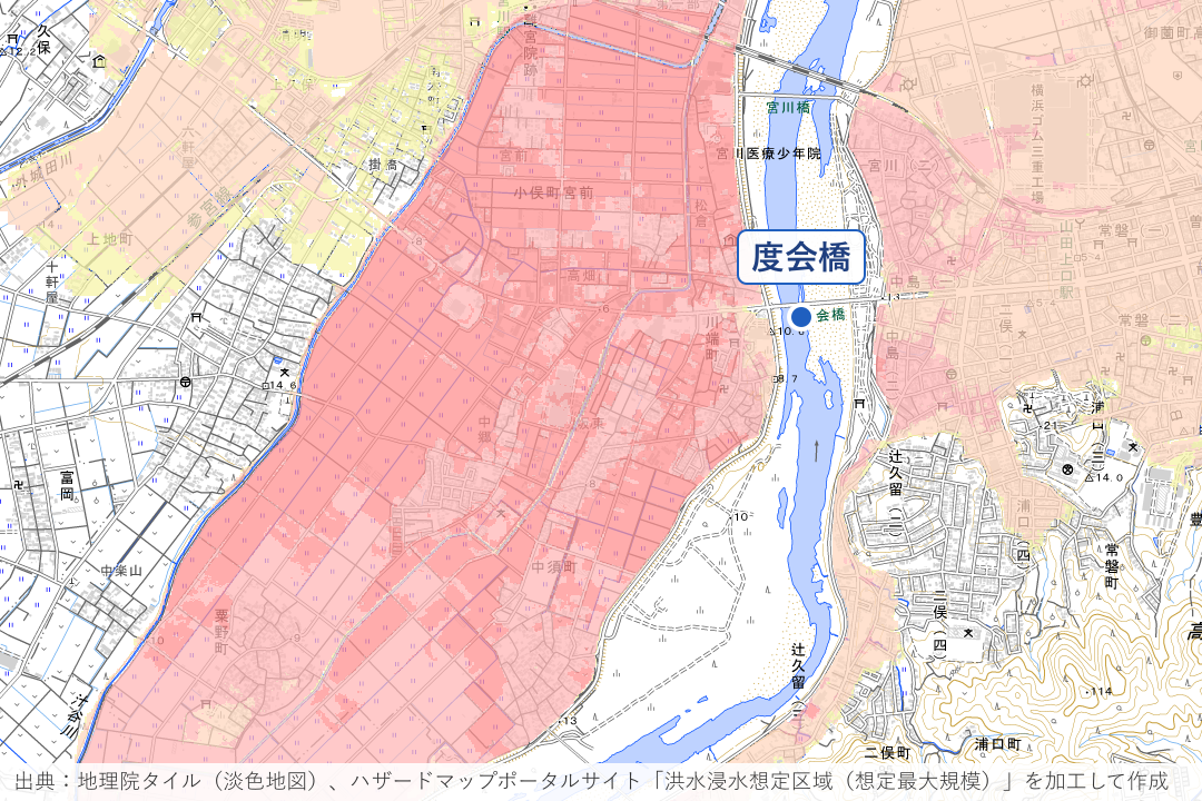 宮川左岸の小俣町宮前・中須町周辺の洪水浸水想定区域を重ねた地図