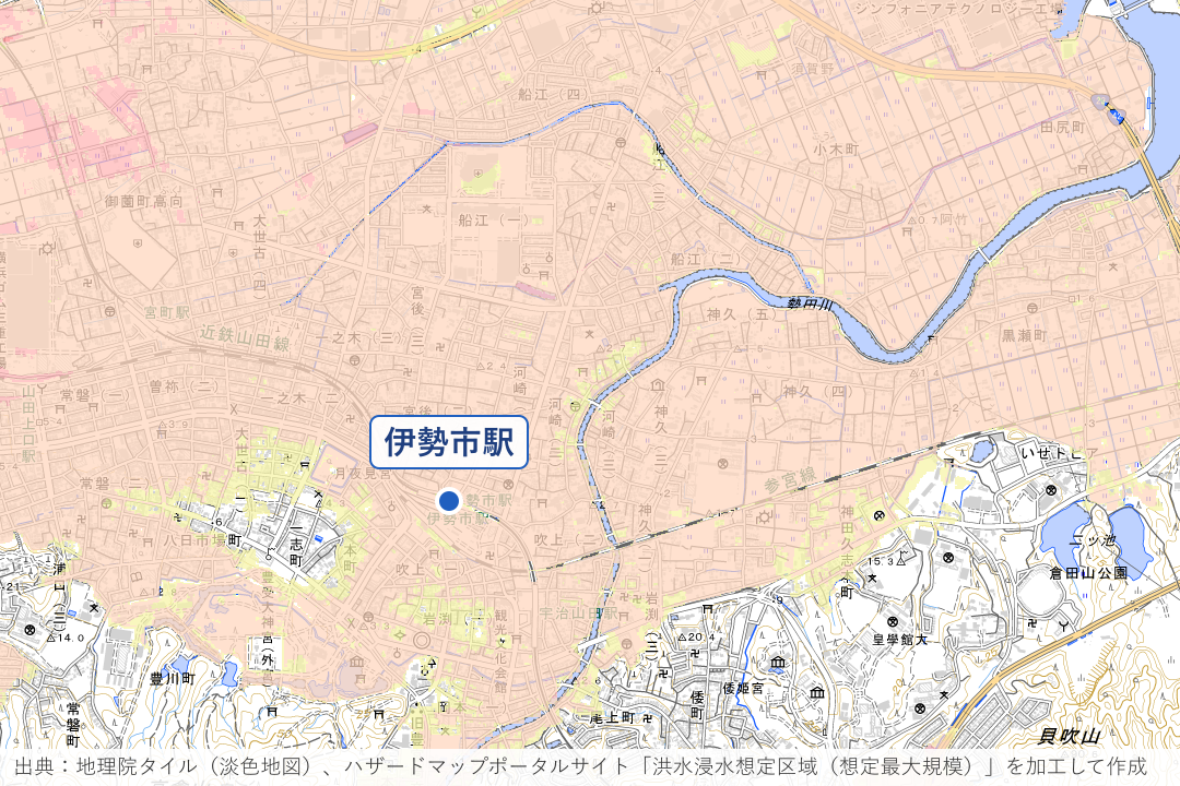 勢田川沿いの河崎・船江・神久周辺の洪水浸水想定区域を重ねた地図