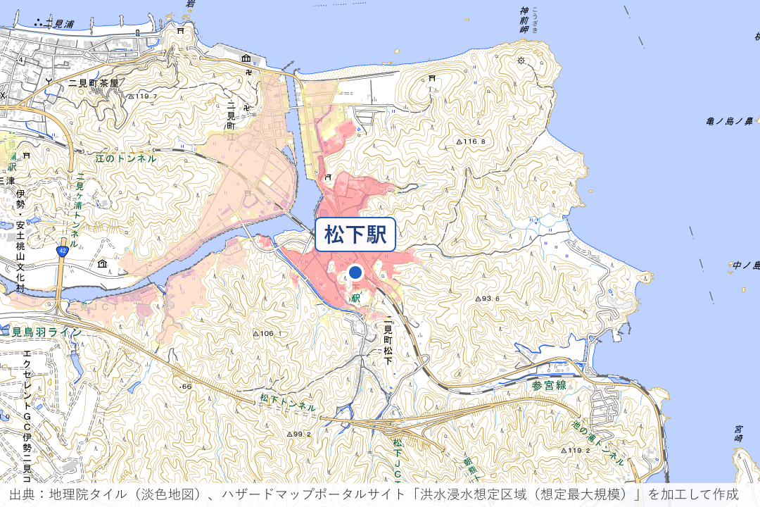 松下川沿いの二見町松下（松下駅周辺）周辺の洪水浸水想定区域を重ねた地図