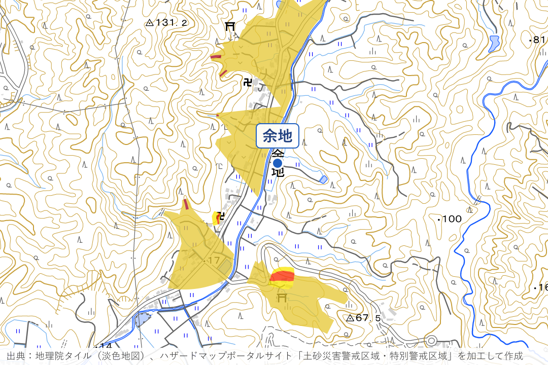 宇ノ気川上流の余地(県道沿い)周辺の土砂災害警戒区域を重ねた地図