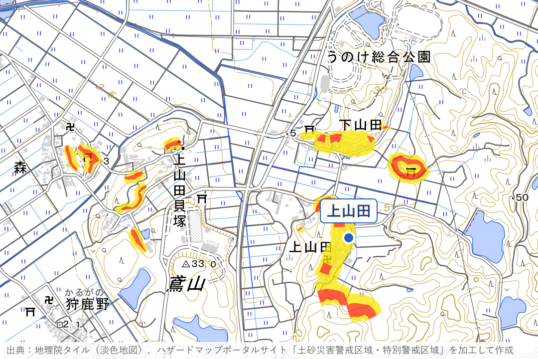 上山田・下山田・森の丘周辺の土砂災害警戒区域を重ねた地図