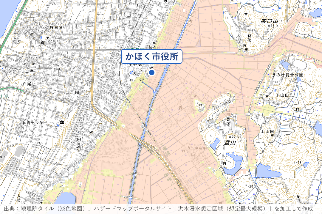 宇ノ気川沿いの宇野気・市役所周辺周辺の洪水浸水想定区域を重ねた地図