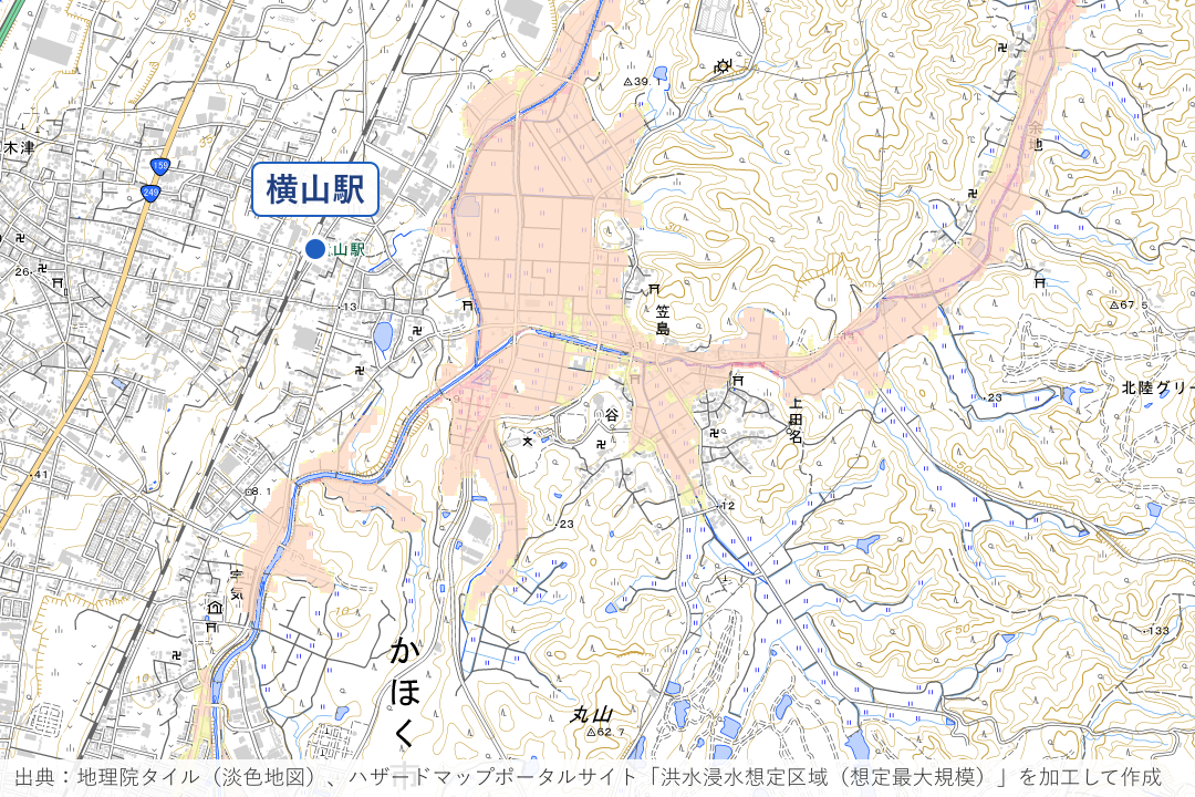 大谷川・宇ノ気川沿いの横山・谷周辺の洪水浸水想定区域を重ねた地図