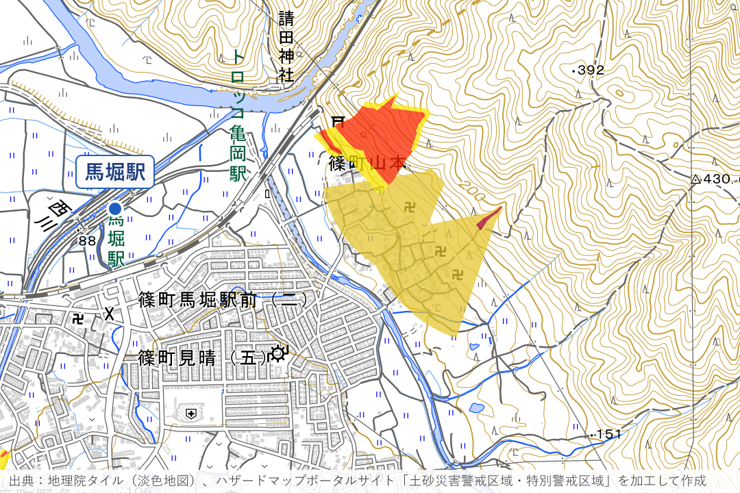 篠町山本（馬堀駅の東の山すそ）周辺の土砂災害警戒区域を重ねた地図