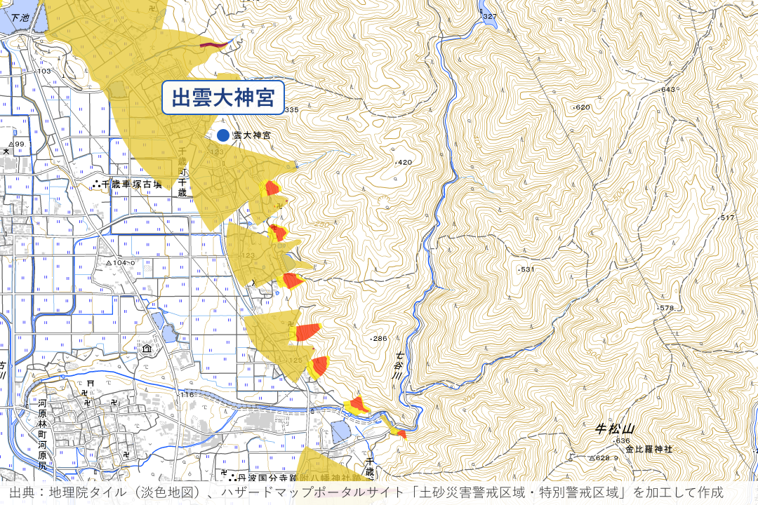 千歳町の山すそ（出雲大神宮〜七谷川）周辺の土砂災害警戒区域を重ねた地図