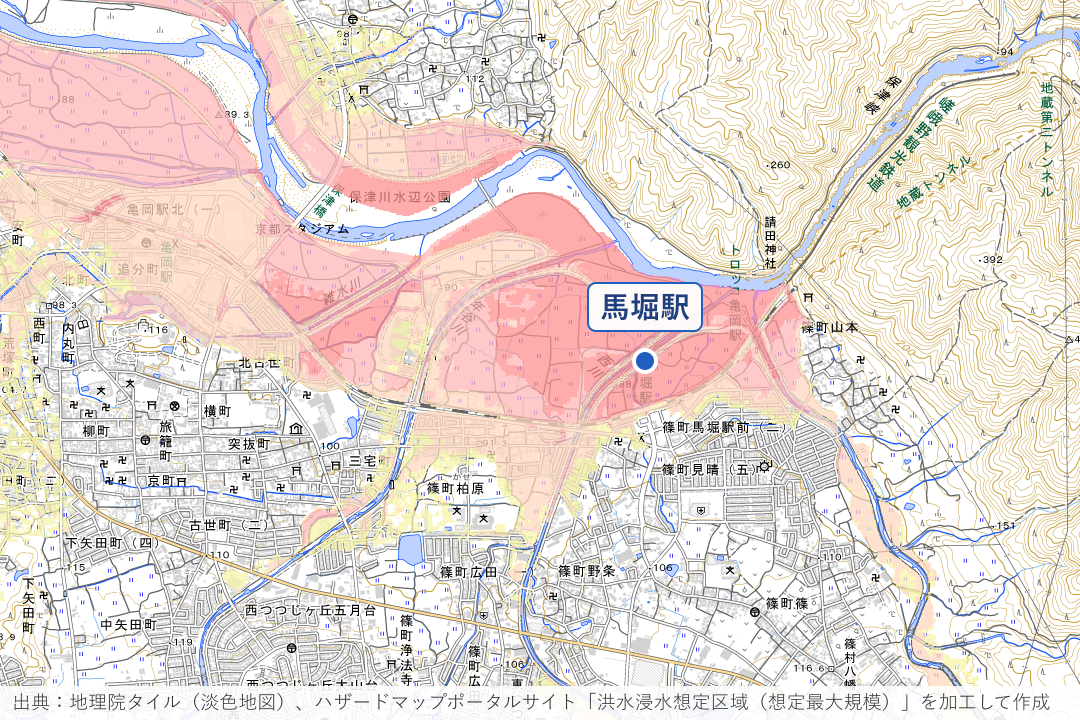 馬堀駅北側の篠町（桂川右岸）周辺の洪水浸水想定区域を重ねた地図
