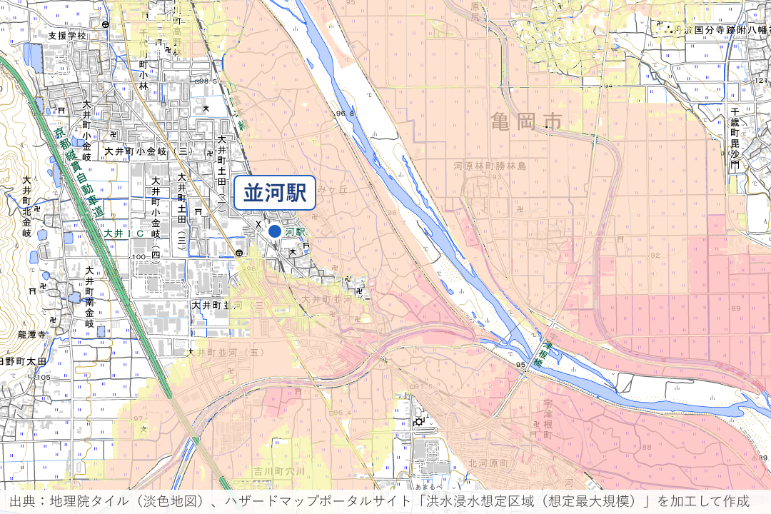 並河駅の東、大井町並河の低地周辺の洪水浸水想定区域を重ねた地図