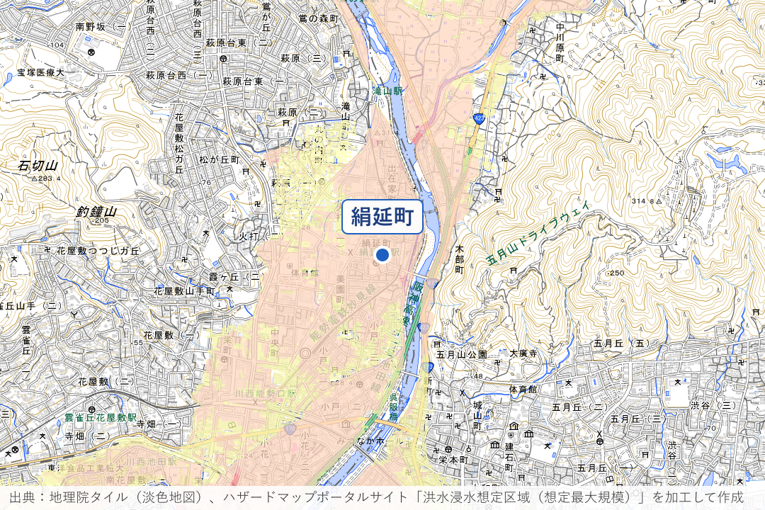 絹延町・出在家町の猪名川沿い周辺の洪水浸水想定区域を重ねた地図