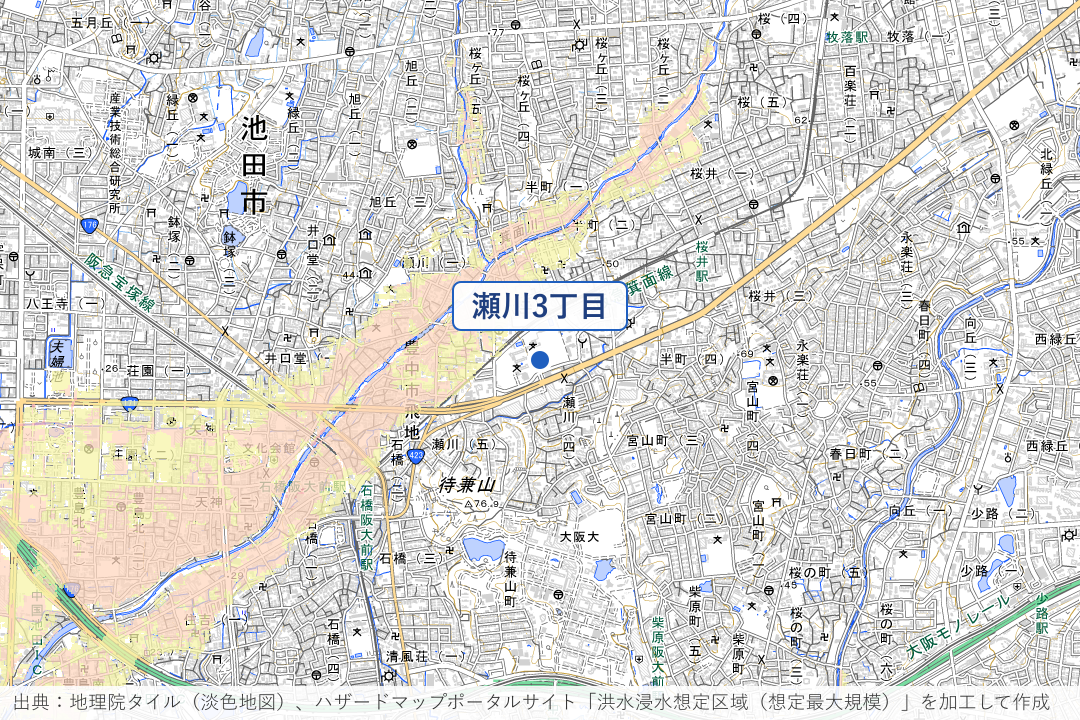 瀬川3丁目の低い道周辺の洪水浸水想定区域を重ねた地図