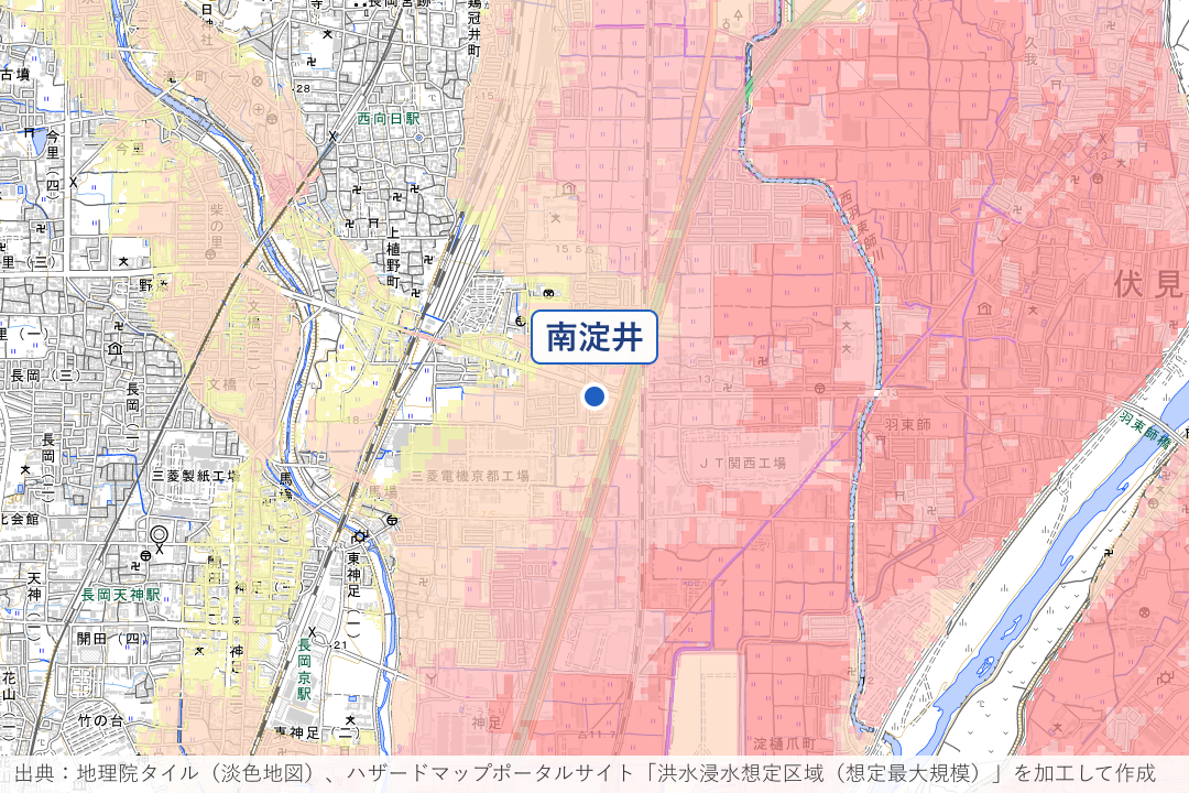 上植野町南淀井・小畑川寄り周辺の洪水浸水想定区域を重ねた地図