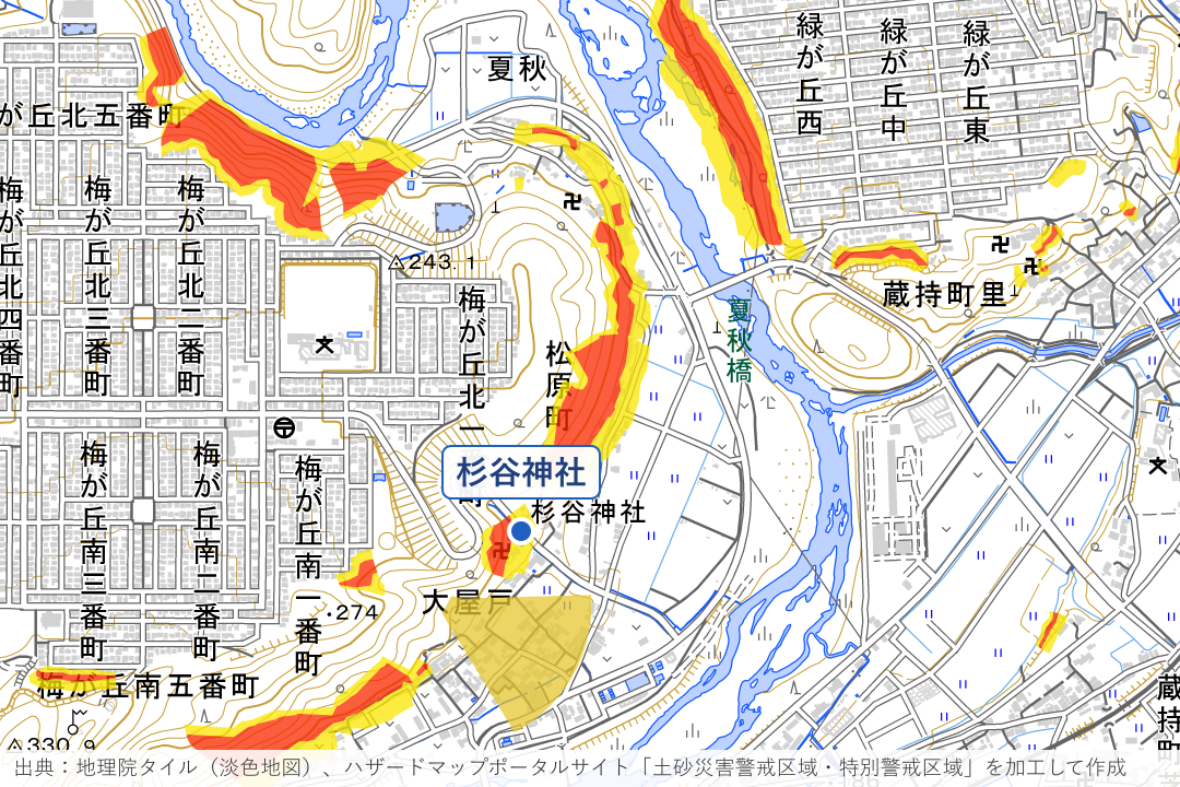 名張川沿いの松原町・梅が丘の斜面周辺の土砂災害警戒区域を重ねた地図