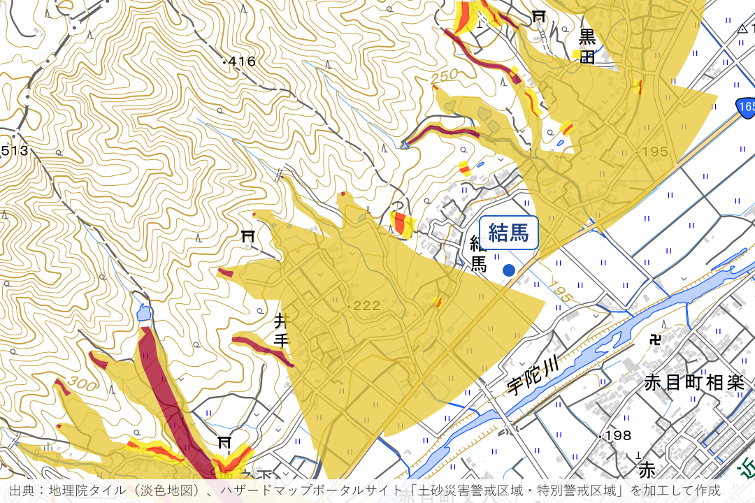 宇陀川西側の井手・結馬・黒田の谷周辺の土砂災害警戒区域を重ねた地図