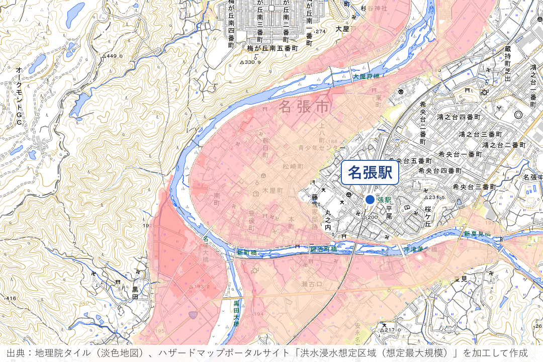 名張川湾曲部の旧市街（松崎町・木屋町）周辺の洪水浸水想定区域を重ねた地図