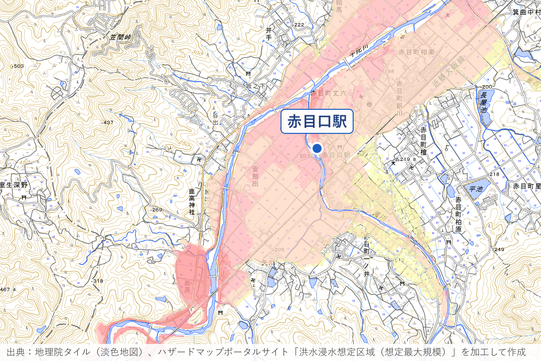 宇陀川沿いの安部田・赤目町丈六周辺の洪水浸水想定区域を重ねた地図
