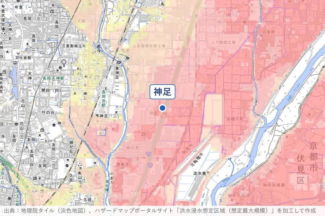神足・小畑川左岸の府道沿い周辺の洪水浸水想定区域を重ねた地図