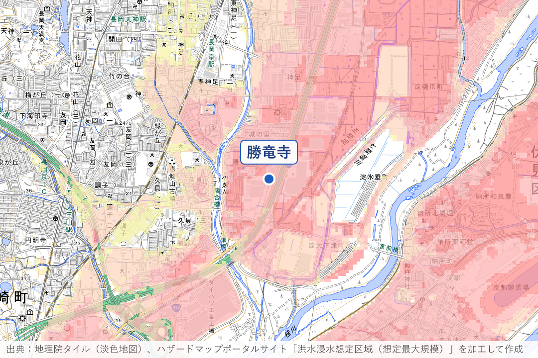 勝竜寺・小畑川下流周辺の洪水浸水想定区域を重ねた地図