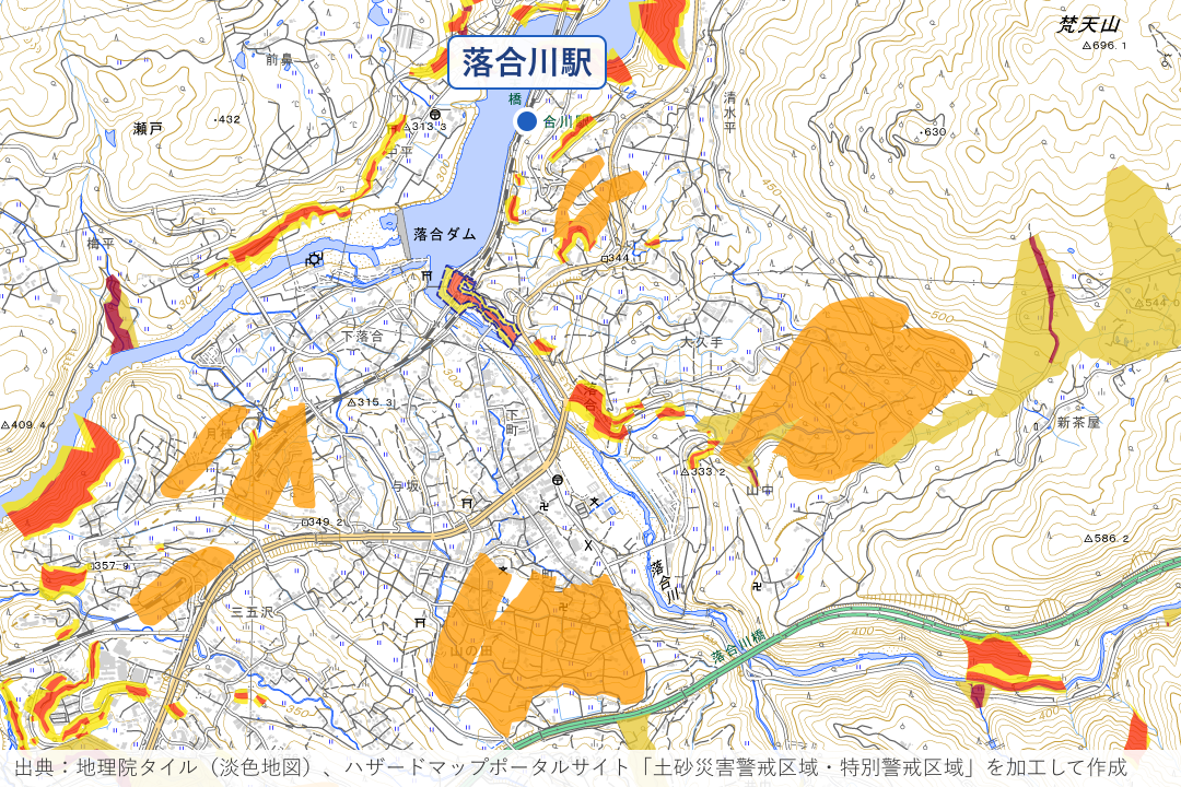 落合の山の田・与坂・大久手周辺の土砂災害警戒区域を重ねた地図