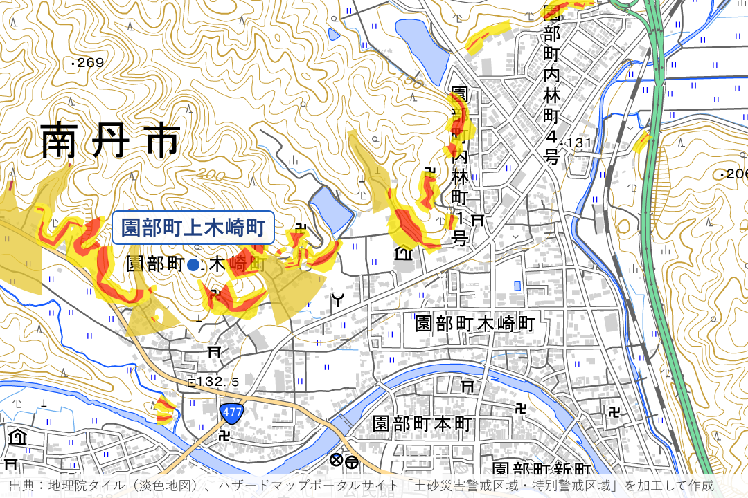 園部町上木崎町・内林町の山すそ周辺の土砂災害警戒区域を重ねた地図