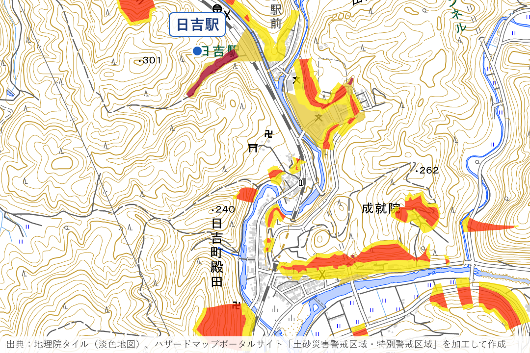 日吉町殿田（日吉駅の南）周辺の土砂災害警戒区域を重ねた地図