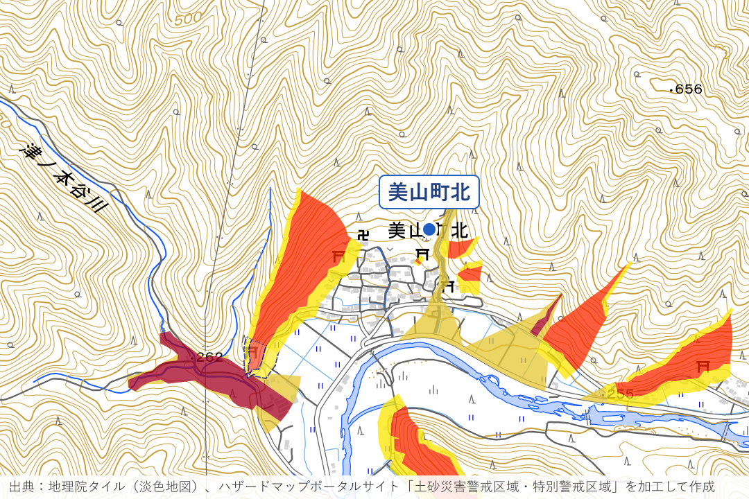 美山町北（かやぶきの里）周辺の土砂災害警戒区域を重ねた地図