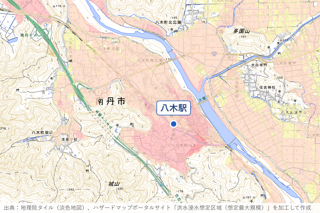 八木駅周辺の八木町八木周辺の洪水浸水想定区域を重ねた地図