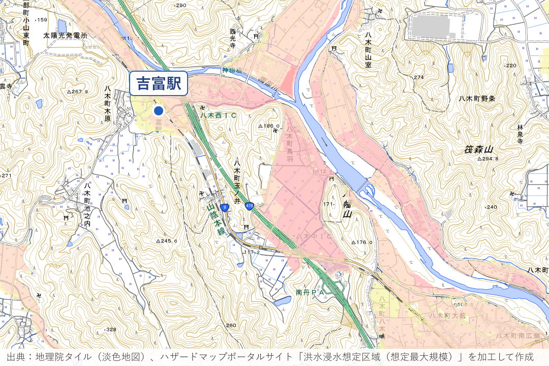 桂川と園部川の合流部の八木町鳥羽周辺の洪水浸水想定区域を重ねた地図