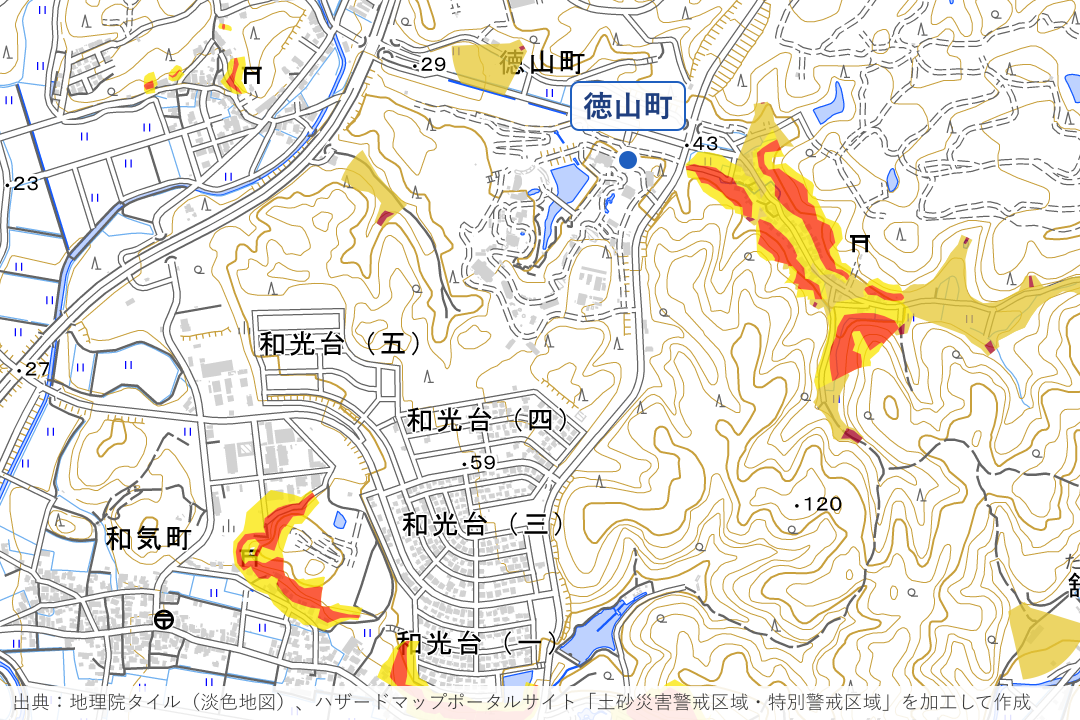 徳山町の谷筋と和気町の丘周辺の土砂災害警戒区域を重ねた地図