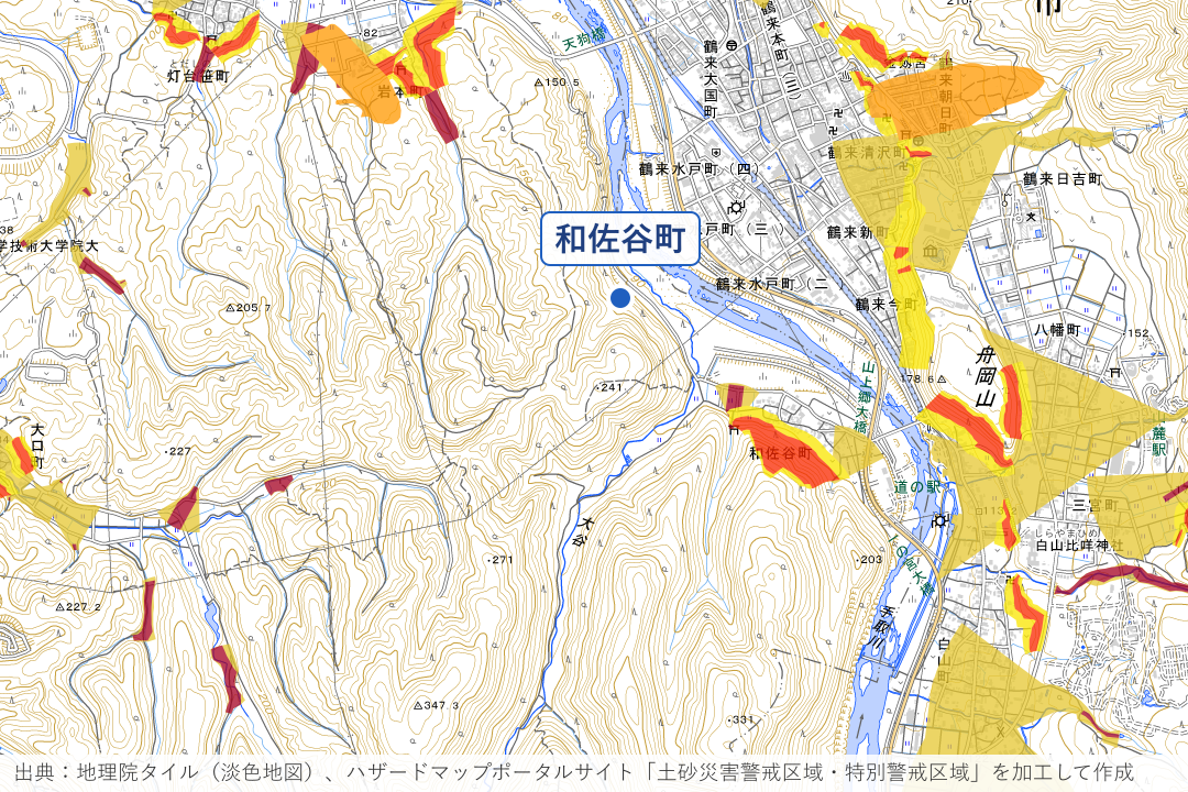 手取川沿いの岩本町・和佐谷町周辺の土砂災害警戒区域を重ねた地図