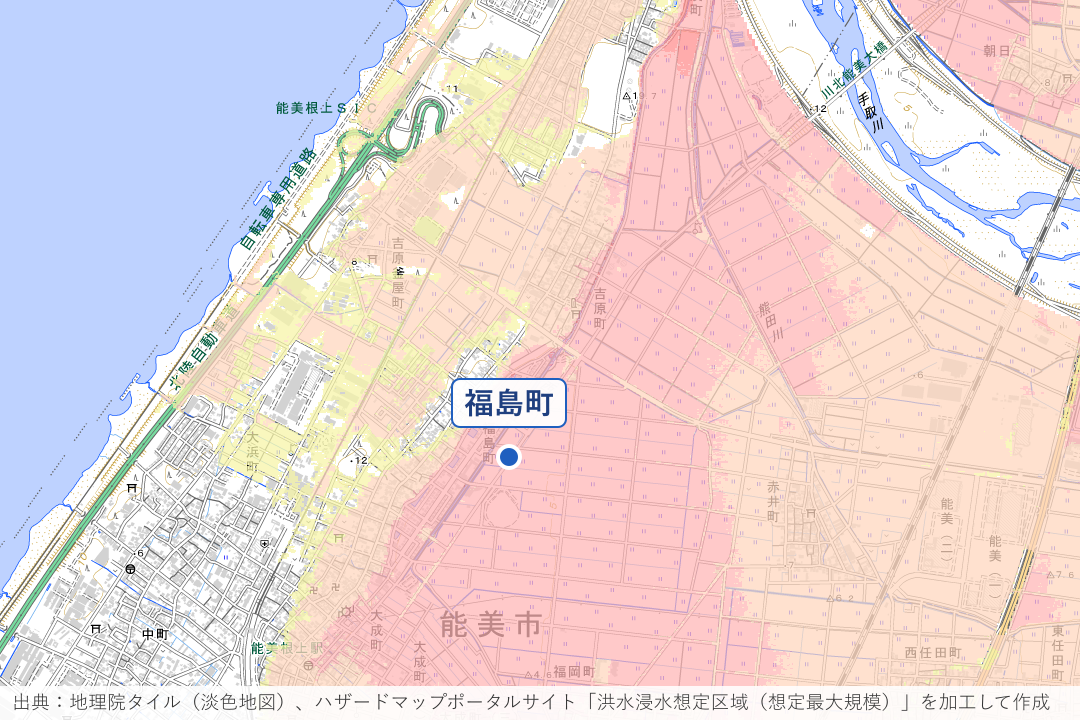 西川沿いの福島町・吉原町周辺の洪水浸水想定区域を重ねた地図