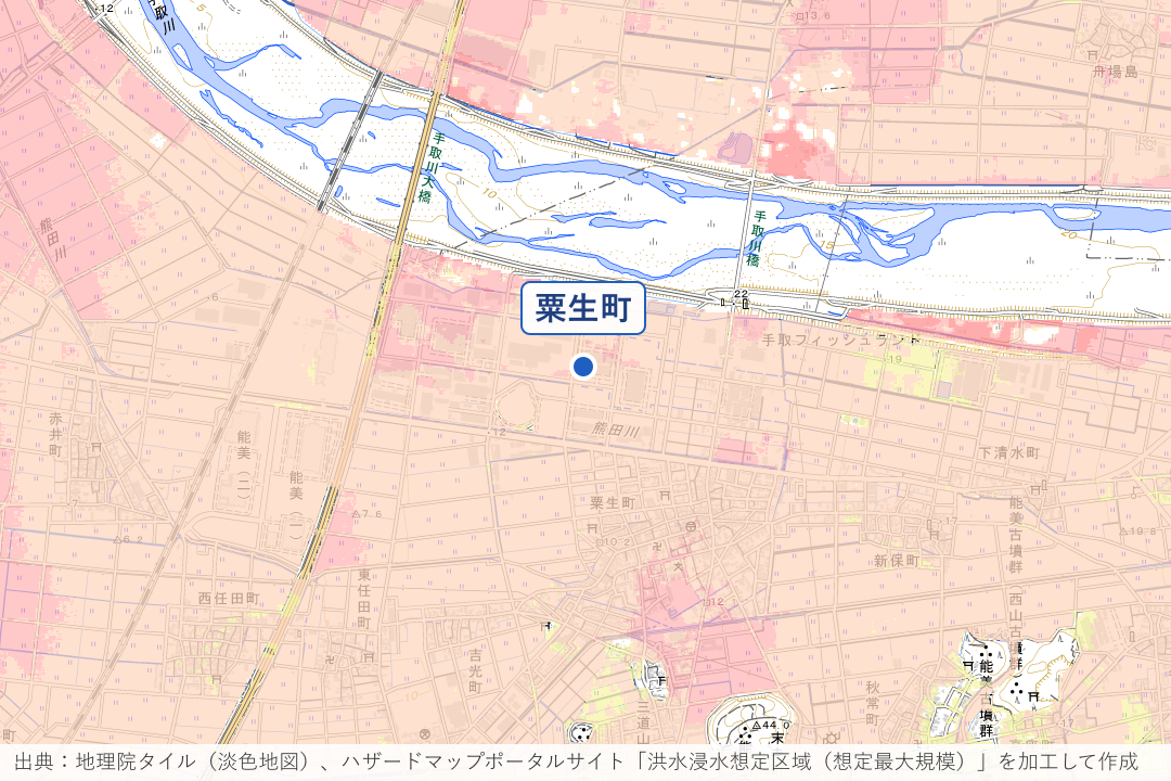 手取川左岸の粟生町周辺の洪水浸水想定区域を重ねた地図
