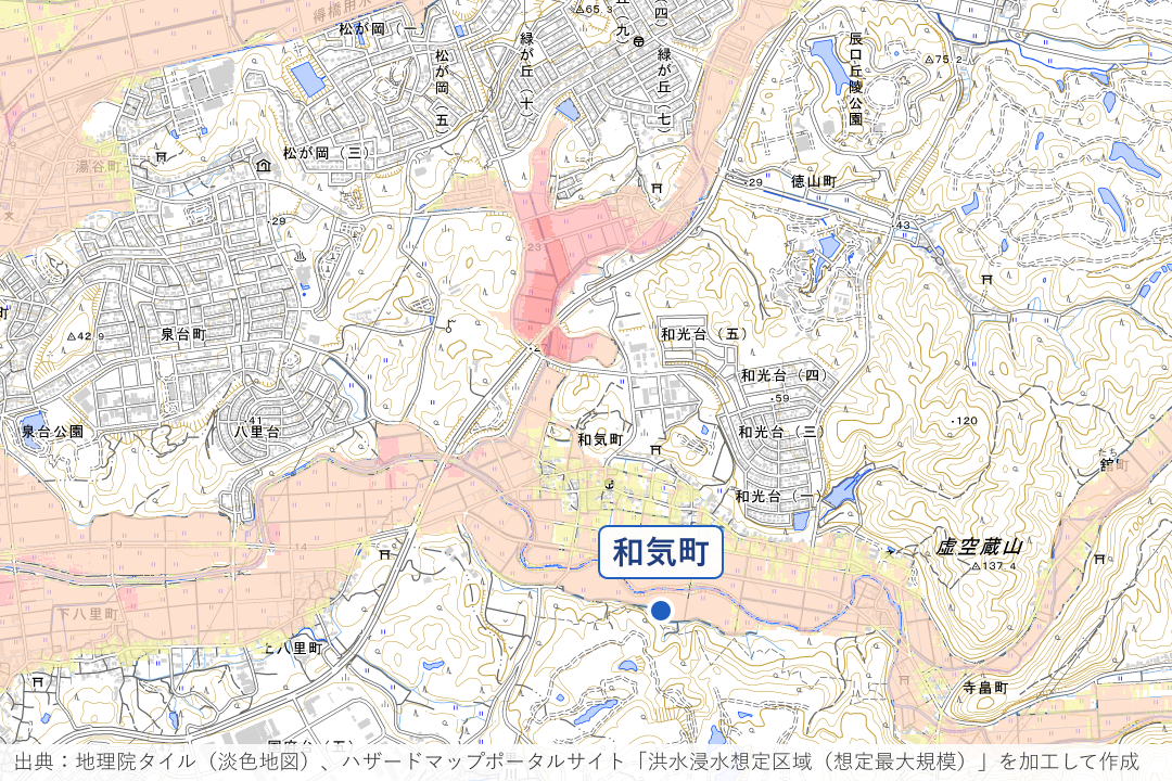 鍋谷川沿いの和気町・徳山町周辺の洪水浸水想定区域を重ねた地図