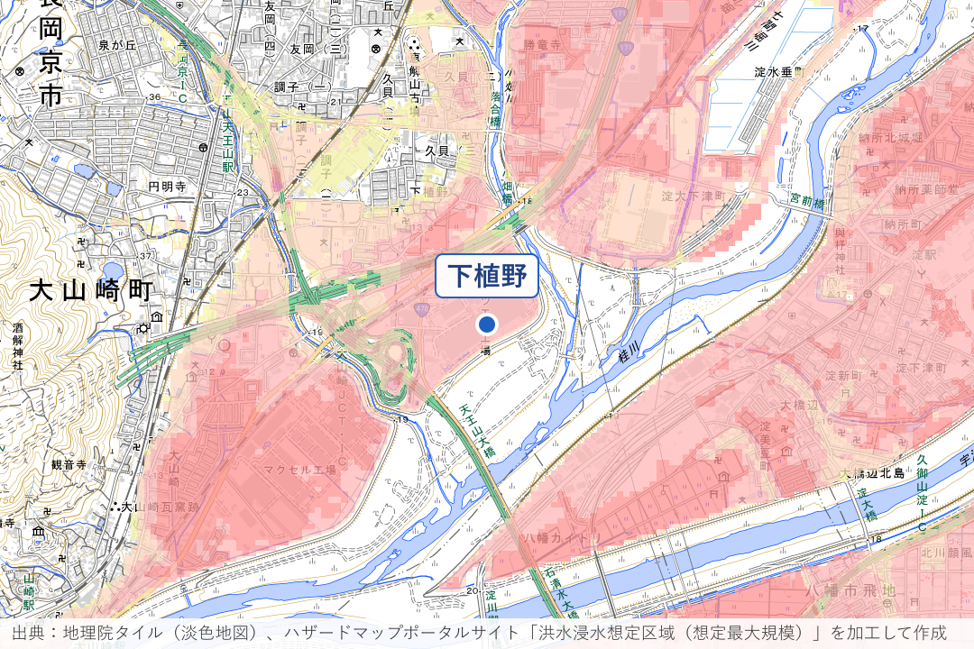 下植野・小泉川の下流周辺の洪水浸水想定区域を重ねた地図