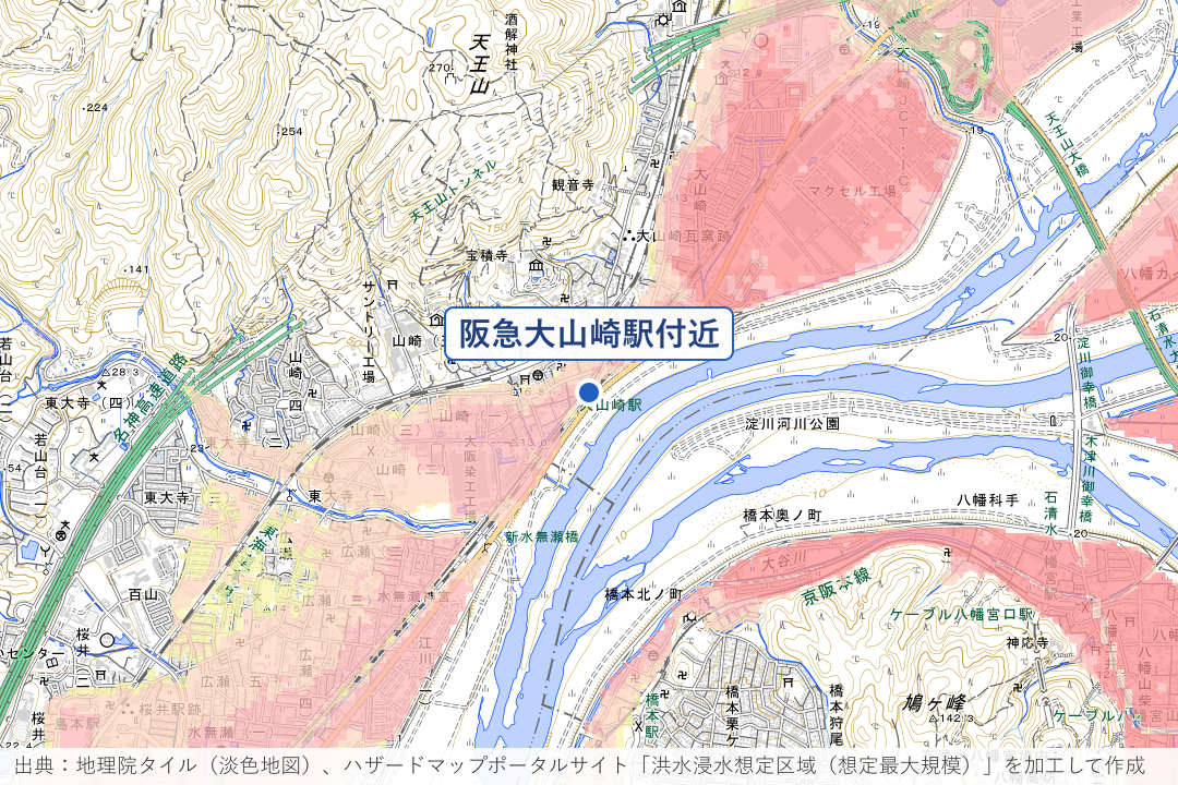 字大山崎明島・阪急大山崎駅東側周辺の洪水浸水想定区域を重ねた地図