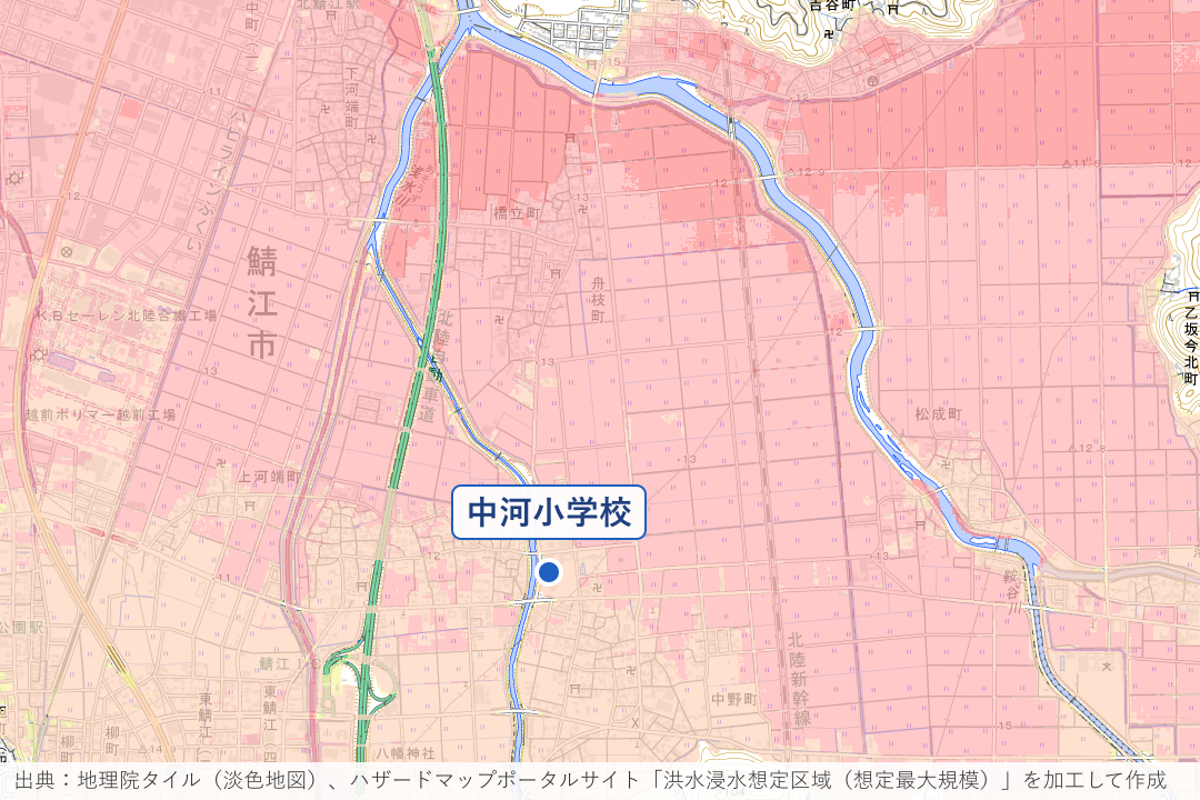 浅水川と鞍谷川の間の舟枝町・橋立町周辺の洪水浸水想定区域を重ねた地図