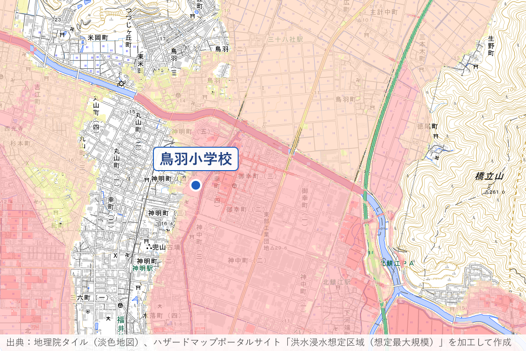 浅水川南の御幸町・神中町周辺の洪水浸水想定区域を重ねた地図