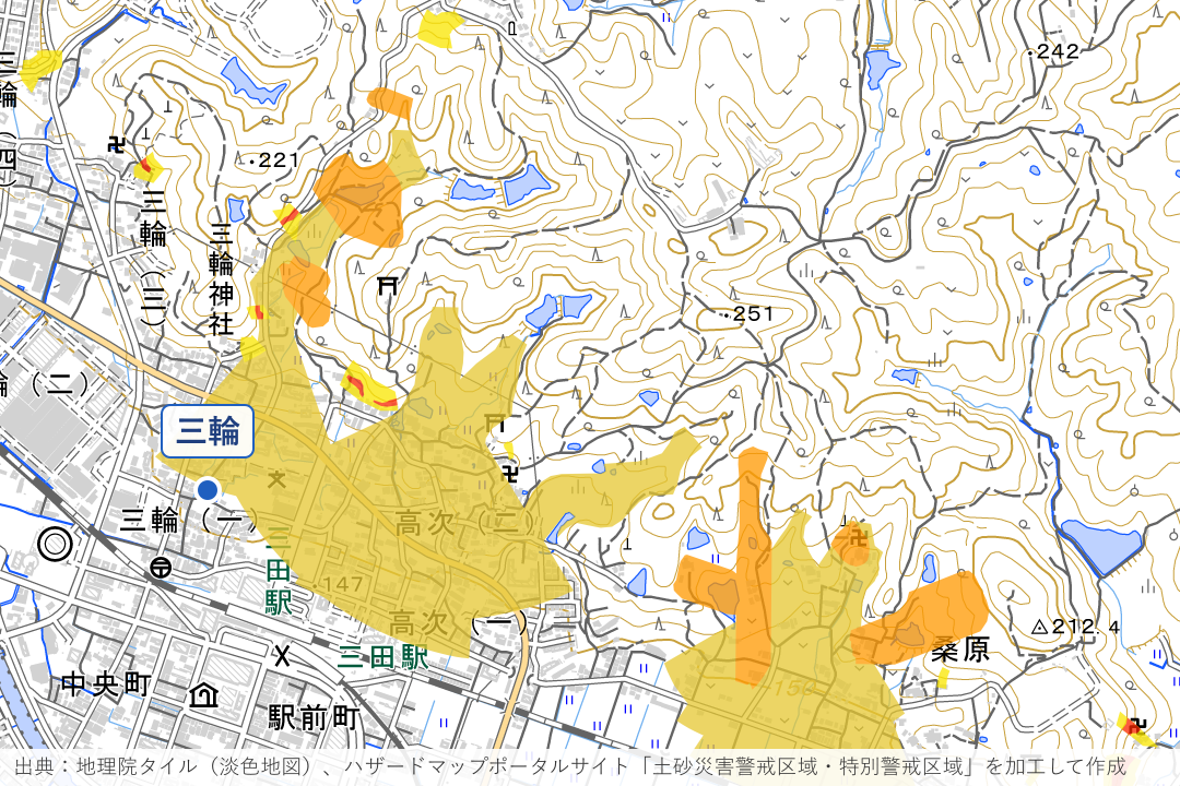 三田駅北の三輪・高次の丘周辺の土砂災害警戒区域を重ねた地図