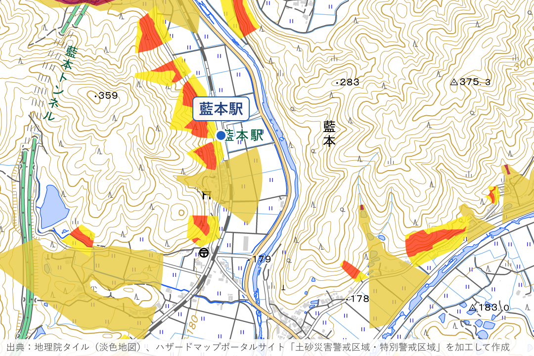 藍本駅の西側の斜面周辺の土砂災害警戒区域を重ねた地図