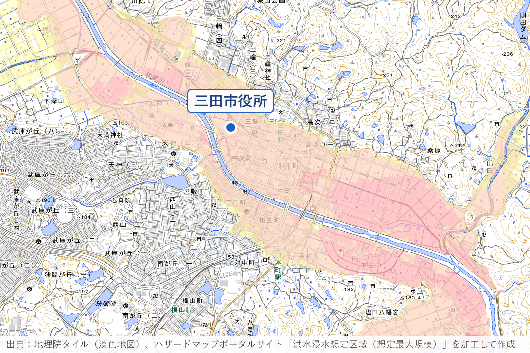 三田駅〜三田本町駅の武庫川両岸周辺の洪水浸水想定区域を重ねた地図