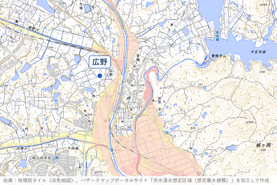 広野駅周辺と青野川沿いの加茂周辺の洪水浸水想定区域を重ねた地図