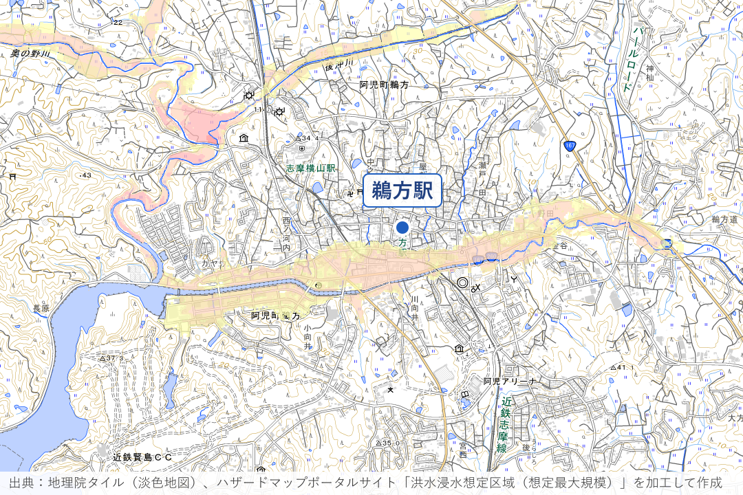 阿児町鵜方 鵜方駅〜前川沿い周辺の洪水浸水想定区域を重ねた地図
